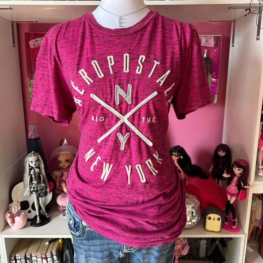Vintage Y2K Aeropostale Hot Pink Heather Graphic Tee Shirt Size Medium